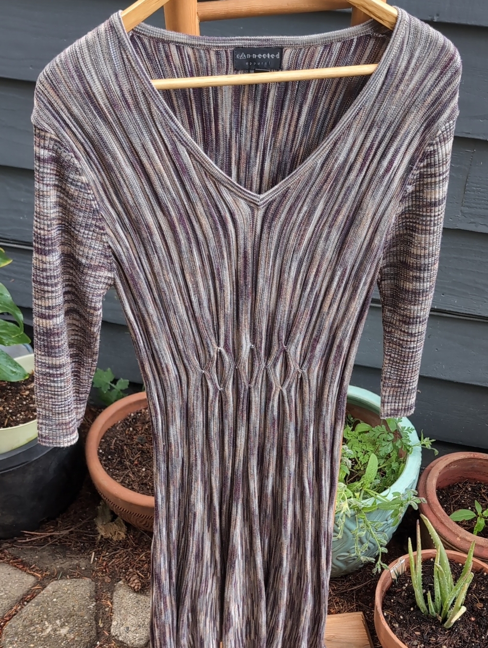 connected apparel Vintage Multicolor Ribbed Knit V-Neck Midi Dress